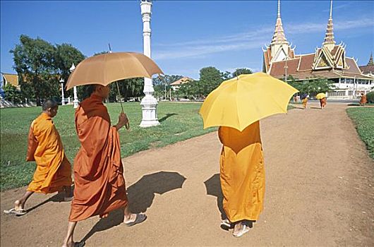 僧侣,走,伞,金边,柬埔寨