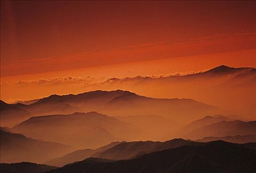 尼泊爾,加德滿都山谷,俯視,山,剪影,橙色,薄霧,天空
