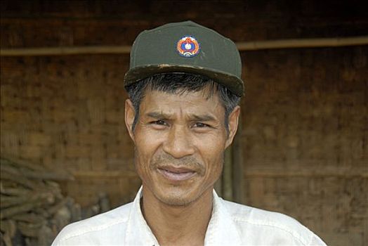 肖像,友好,警察,部落,尖,帽,禁止,省,老挝,东南亚
