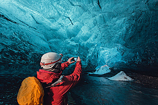 男人,摄影,冰,洞穴,智能手机,瓦特纳冰川,国家公园,冰岛
