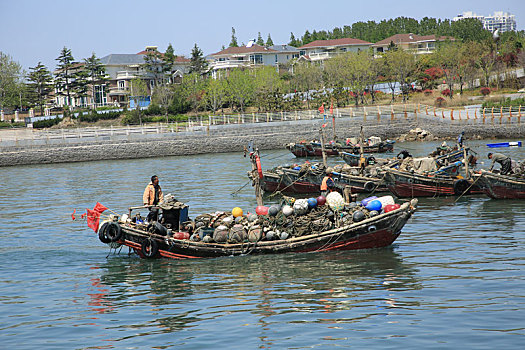 山东省日照市,渔港迎来休渔季,渔民收拾渔具上岸