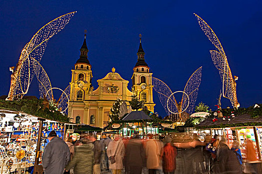 市场,货摊,圣诞节,路德维希堡,教区,教堂,人,巴登符腾堡,德国,欧洲