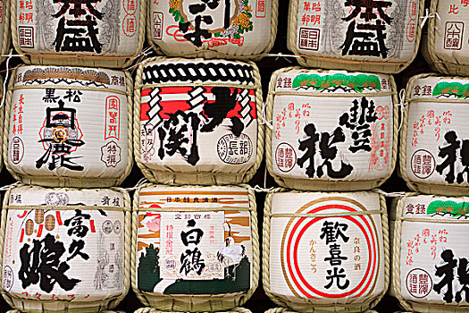 装饰,桶,日本米酒,展示,日本,神祠,酒,人,靠近,神