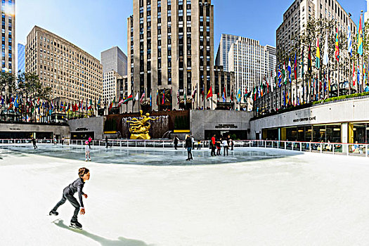 人,滑冰,户外,滑冰场,洛克菲勒中心,市中心,纽约,美国