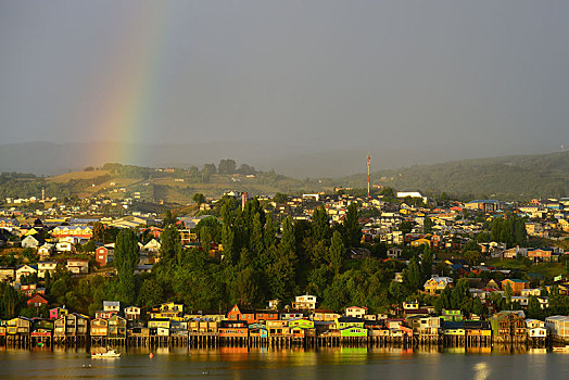 彩虹,上方,城市,房子,早晨,亮光,岛屿,奇洛埃,智利,南美