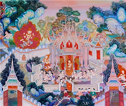 佛教寺庙,壁画,室内,寺院,庙宇,泰国