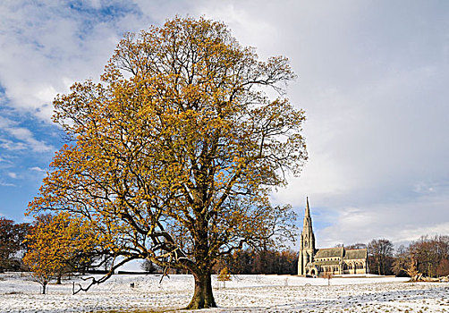 英格兰,北约克郡,方廷斯修道院,雪,遮盖,地面,教堂,19世纪,英国国教,设计,维多利亚时代风格,哥特风格