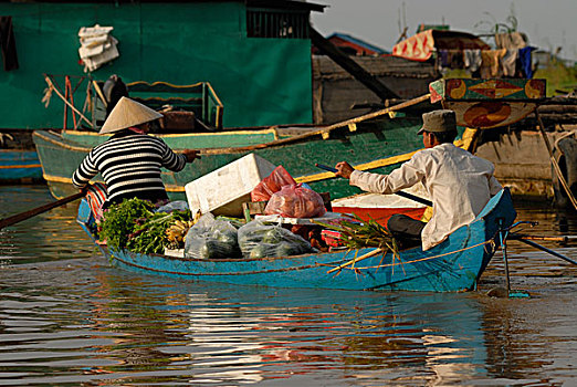 柬埔寨,戴着,稻草,帽子,船,漂浮,乡村,市场,青稞酒,树液,湖,收获,印度支那,东南亚,亚洲