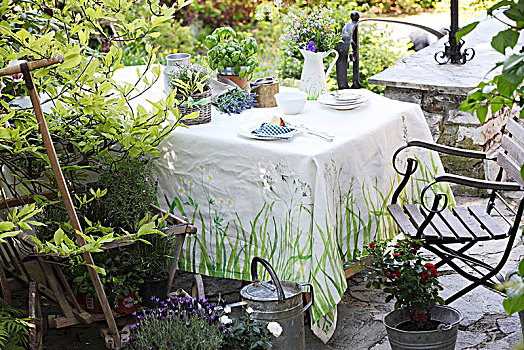 涂绘,桌布,罐,花瓶,桌上,花园,平台