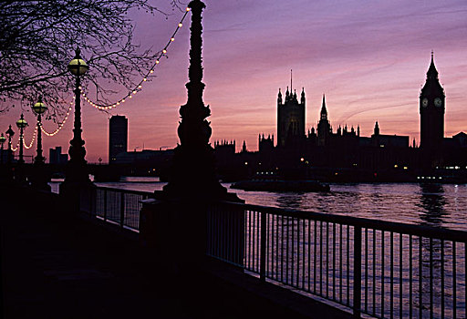 议会大厦,日落,威斯敏斯特,伦敦,伦敦南岸,泰晤士河