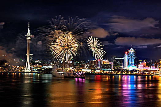 澳门,海面,夜景,灯光,烟花