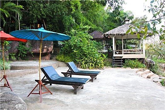 两个,空椅子,伞,河,泰国