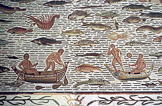 罗马人,图案,男人,捕鱼,船,公元前2世纪,艺术家,未知