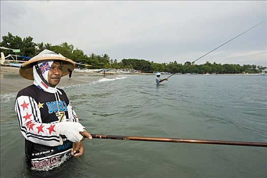 捕鱼者,站立,海中,拿着,杆,东方,巴厘岛,印度尼西亚,亚洲