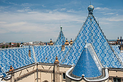 淡蓝色,陶瓷,屋顶,地质,匈牙利,布达佩斯,特写