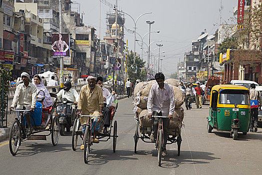 热闹街道,场景,重,交通,人力车,三轮车,嘟嘟车,老德里,印度,亚洲