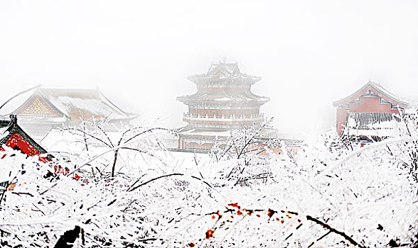 大雪后薄雾中的亭台楼阁