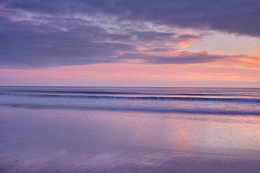 威尔士,彭布鲁克郡,沙,波浪,海滩,仰视,紫色,天空,日落,上方