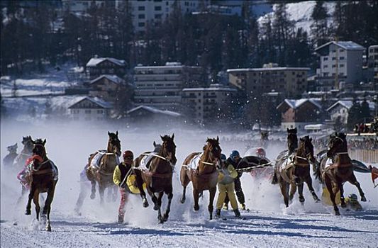 滑雪,后面,驰骋,马,冰冻,湖,圣莫里茨