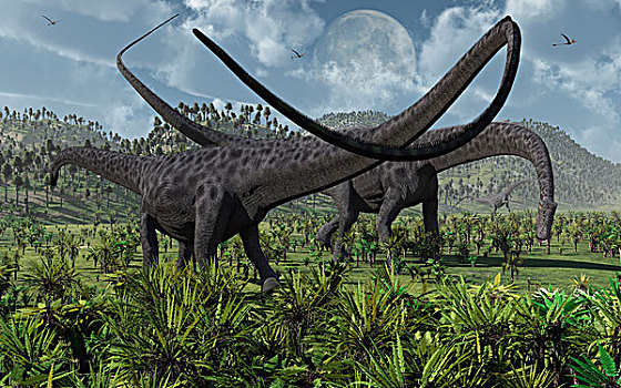 两个,巨大,草食动物,恐龙,放牧,侏罗纪,时期