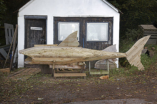 苏格兰,北爱尔郡,木质,鲨鱼,雕塑,户外,工作间,阿兰岛
