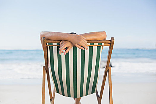 女人,放松,折叠躺椅,海滩