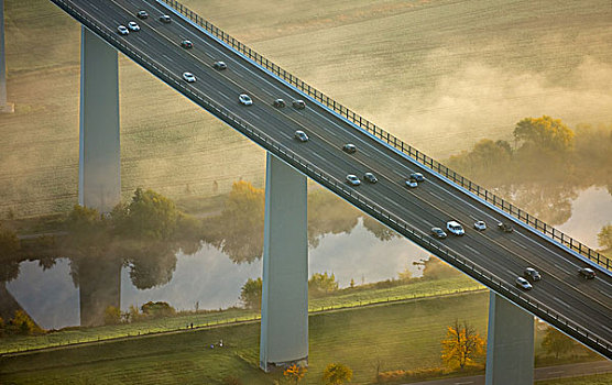高架桥,上方,交通,雾,秋天,地区,北莱茵威斯特伐利亚,德国,欧洲