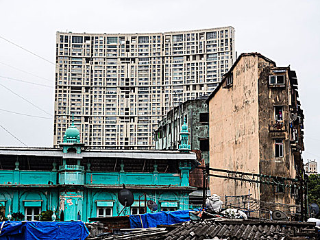 房子,正面,老,衰败,现代,摩天大楼,背景,河边石梯,孟买,印度