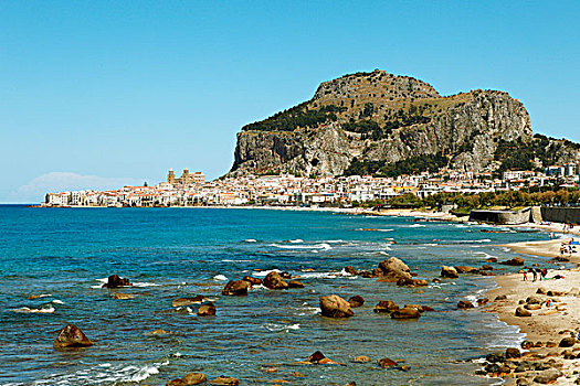 海滩,石灰石,悬崖,切法卢,省,巴勒莫,西西里,意大利,欧洲