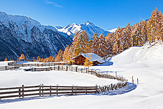 冬天,高山,小屋,靠近,海里根布鲁特,背景,阿尔卑斯山,奥地利