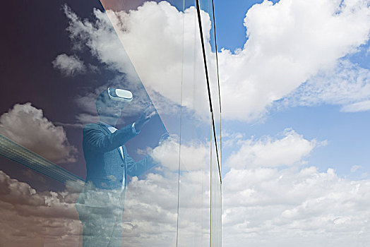商务人士,虚拟现实,玻璃,窗边,云,反射