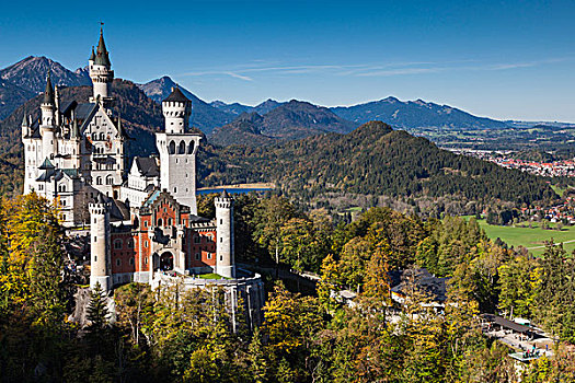 德国,巴伐利亚,旧天鹅堡,城堡,新天鹅堡,俯视图