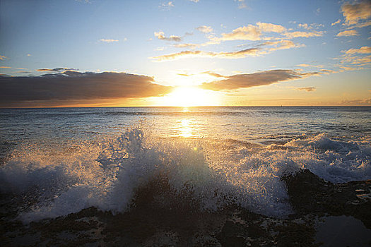 夏威夷,瓦胡岛,海洋,急促,上方,礁石,石头,漂亮,日落,后面