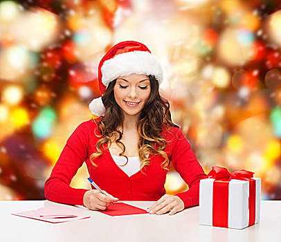 圣诞节,休假,庆贺,问候,人,概念,微笑,女人,圣诞老人,帽子,礼盒,文字,发送,明信片,上方,红灯,背景