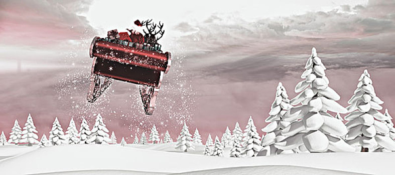 合成效果,图像,圣诞老人,飞,雪撬,雪景,冷杉