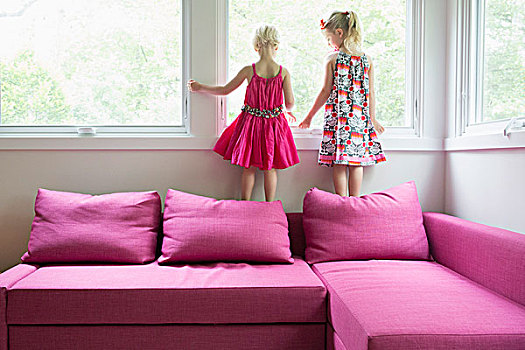 姐妹,站立,粉色,沙发,窗户,在家