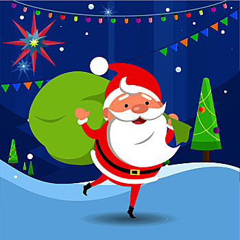 圣诞老人,摆动,拿着,大,绿色,袋,礼物,地面,遮盖,雪,装饰,城市,晚间,树,卡通,风格,插画,隔绝,男人,设计,矢量,包