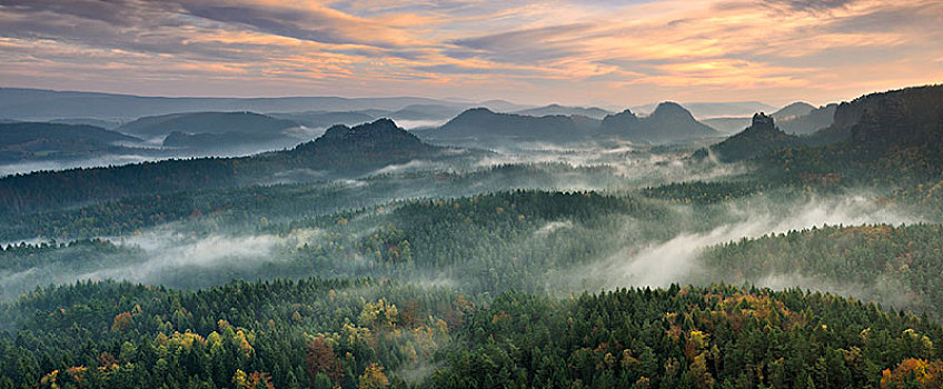 风景,日出,晨雾,砂岩,山,撒克逊瑞士,国家公园,萨克森,德国,欧洲
