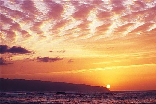 夏威夷,瓦胡岛,北岸,俯视,威美亚湾,日落