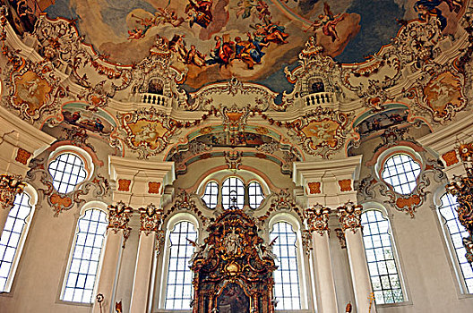 天花板,壁画,艺术家,洛可可风格,教堂,维斯,斯坦卡顿,上巴伐利亚,巴伐利亚,德国,欧洲