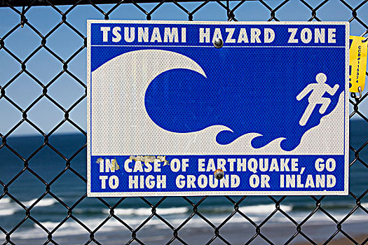 海啸,警告标识,栅栏,海洋,背景,城市,俄勒冈,美国
