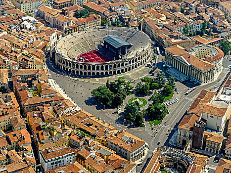 航拍,竞技场,维罗纳,广场,胸罩,古罗马竞技场,市中心,意大利北部,威尼托,意大利