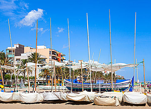 帆船,沙滩,城镇,海岸,地中海,加泰罗尼亚,西班牙