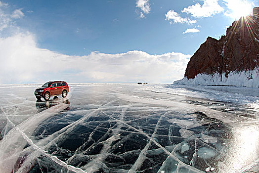 汽车,冰湖,贝加尔湖,岛屿,西伯利亚,俄罗斯,欧亚大陆