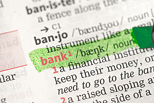 银行,定义,突显,绿色,字典