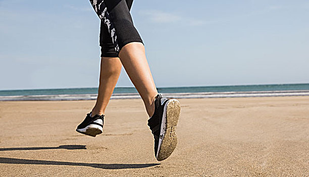 健身,女人,慢跑,沙子,海滩