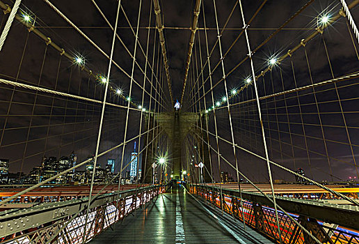 布鲁克林大桥,人行道,远景,曼哈顿,金融区,天际线,夜晚,纽约,美国