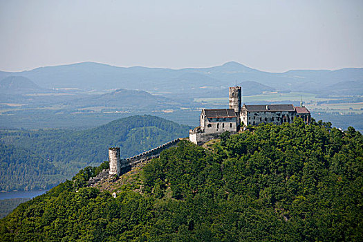 航拍,城堡,山,中心,波希米亚,捷克共和国,欧洲