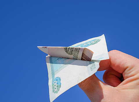 俄罗斯,钱,折叠,飞机,蓝天,拿着