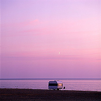 拖车,海滩,旁侧,海洋,黄昏